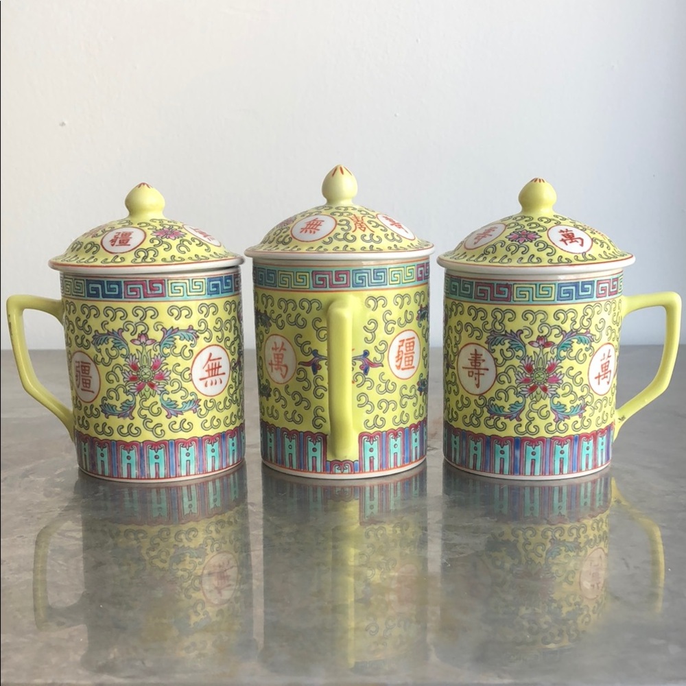 Yellow Floral Porcelain Tea Mugs with Lids